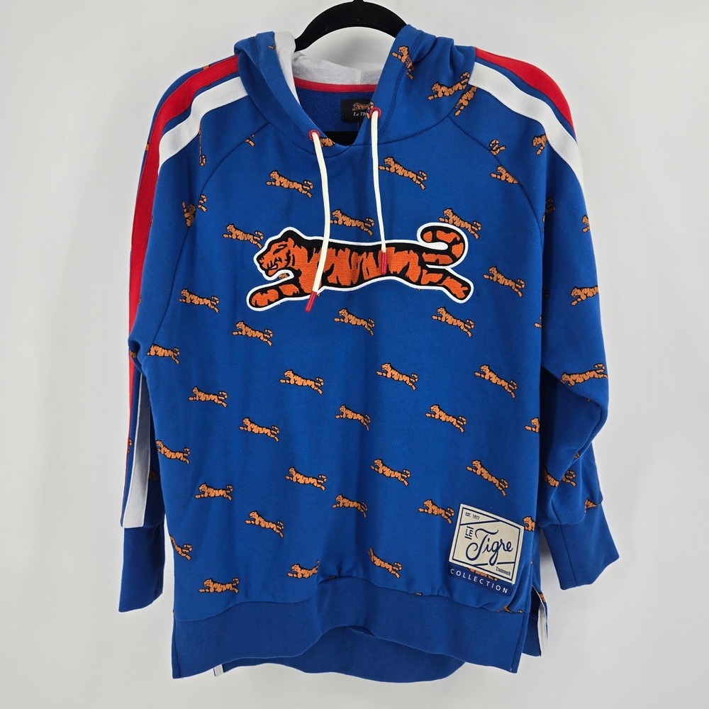 Le Tigre Women's Emma Olivia All-Over Tiger Print Hoodie Blue S‎ EUC